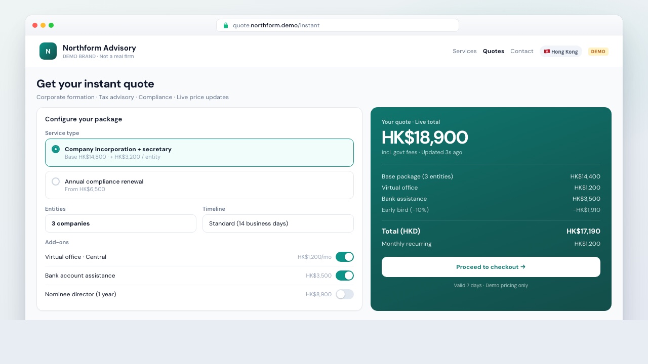 Fictional demo UI: Northform Advisory instant quote calculator with live pricing (not a real brand)